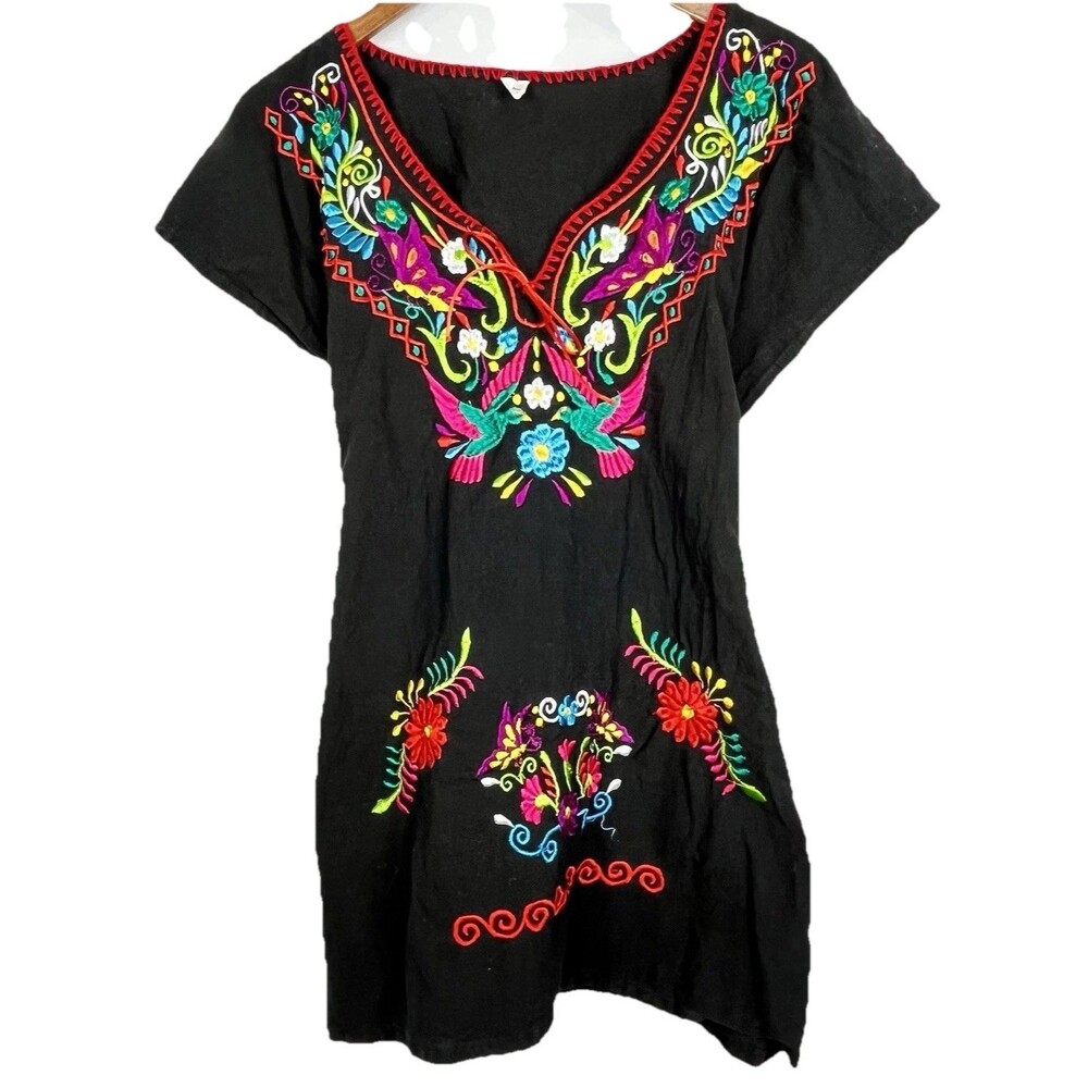 Mexican Embroidered Blouse Black Floral Boho Tunic M Handmade Oaxaca - Picture 2 of 16